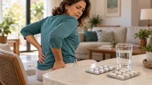 Mulher com dor lombar, com cartelas de medicamentos e copo de água sobre a mesa.