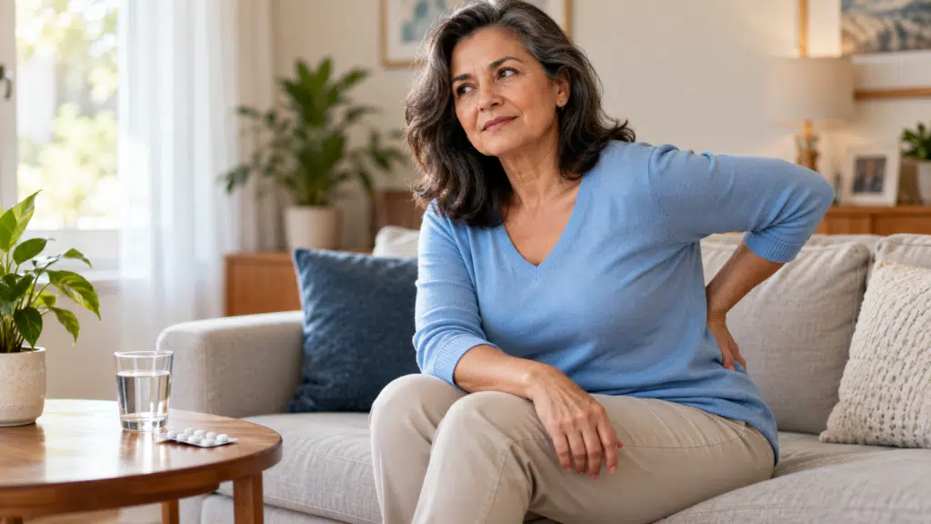 Mulher sentada com a mão na região lombar, com uma cartela de comprimidos e um copo de água sobre a mesa.