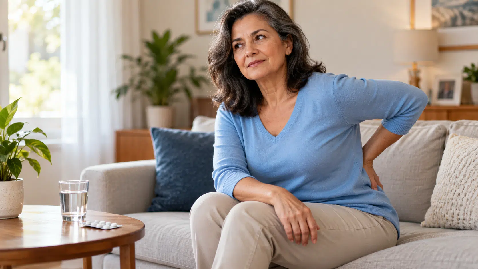Mulher sentada com a mão na região lombar, com uma cartela de comprimidos e um copo de água sobre a mesa.