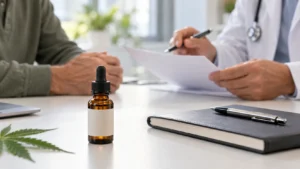 Frasco âmbar fechado sobre uma mesa de consulta, com uma folha de cannabis ao lado e mãos ao fundo.