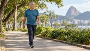 Homem de cabelos grisalhos caminha por um caminho plano em um parque, usando camiseta azul-petróleo e tênis.