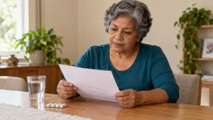 Mulher de cabelos grisalhos lê uma orientação escrita, com uma cartela de cápsulas e um copo de água sobre a mesa. Legenda: A escolha e o acompanhamento de medicamentos para dor neuropática dependem do diagnóstico e dos riscos de cada pessoa.