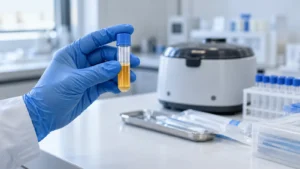 Mão com luva azul segura tubo fechado com líquido amarelado em bancada de laboratório, com centrífuga ao fundo.