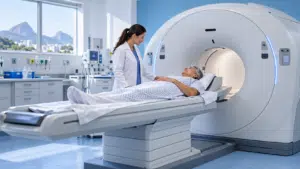 Ilustração gerada por inteligência artificial de paciente em aparelho de tomografia, acompanhada por profissional de saúde.