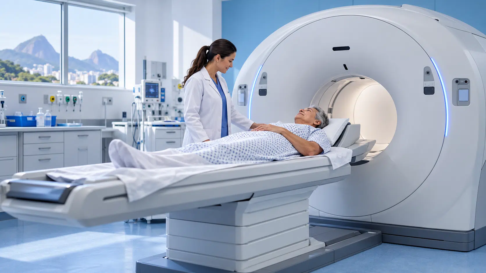 Ilustração gerada por inteligência artificial de paciente em aparelho de tomografia, acompanhada por profissional de saúde.