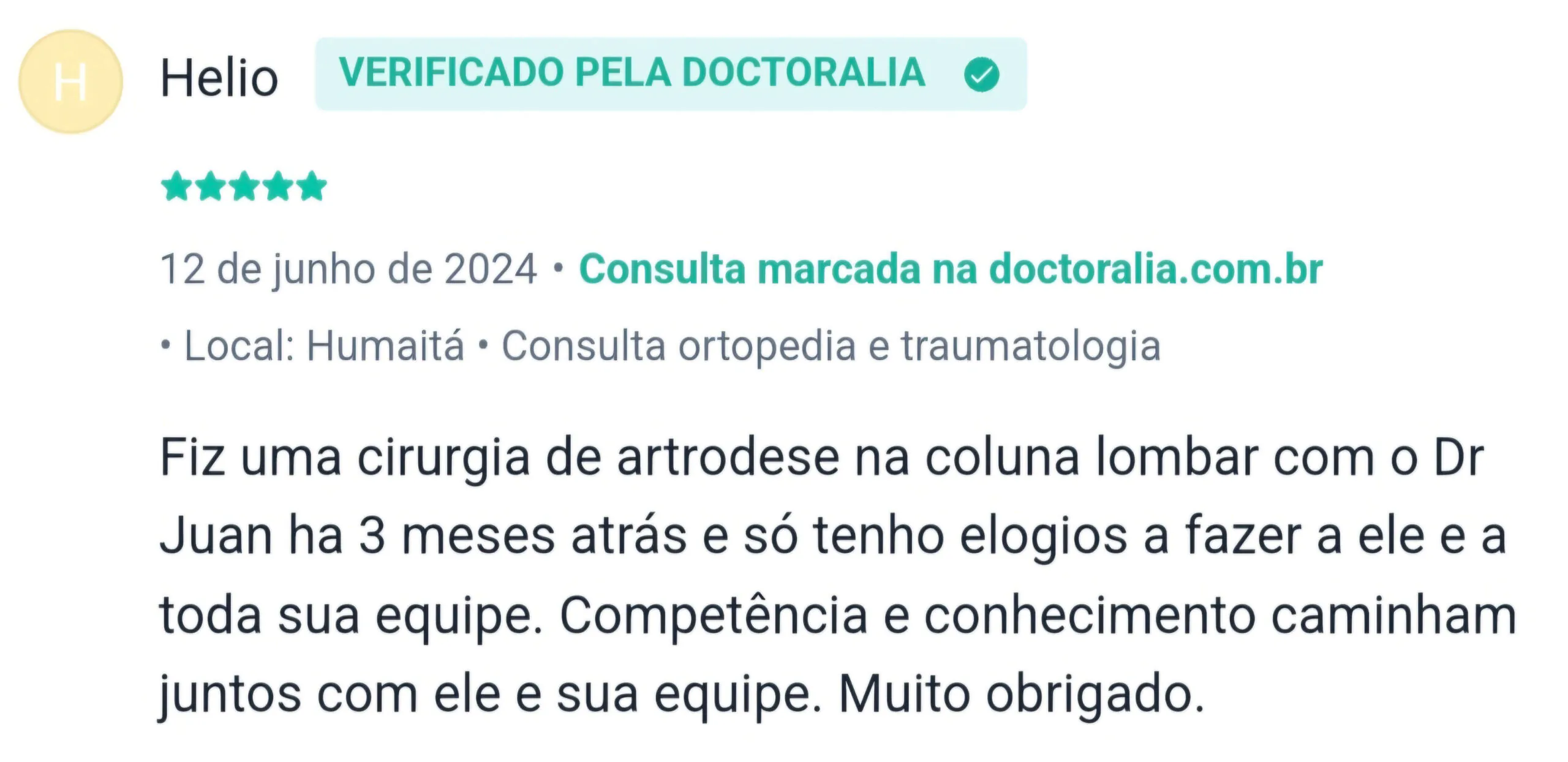 Depoimento Doctoralia de pos cirurgia artrodese lombar