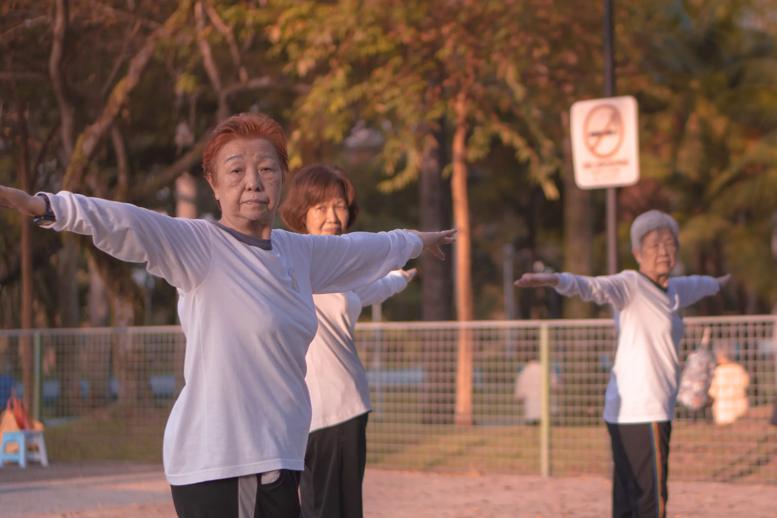 Grupo de adultos praticando tai chi em um parque